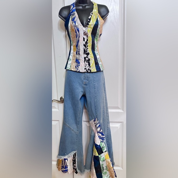 Upcycled two piece Colorful Patchwork brocade Denim and top set size S - Picture 6 of 7